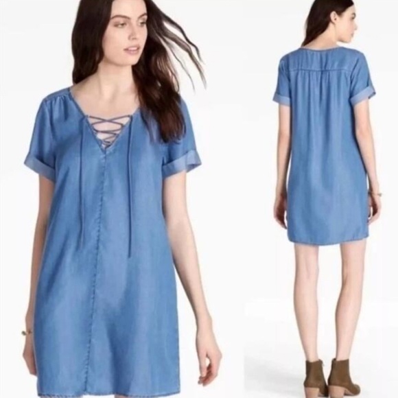 Lucky Brand Chambray Blue Denim Lace Up Short Sleeve V-Neck Dress Large - Picture 1 of 7